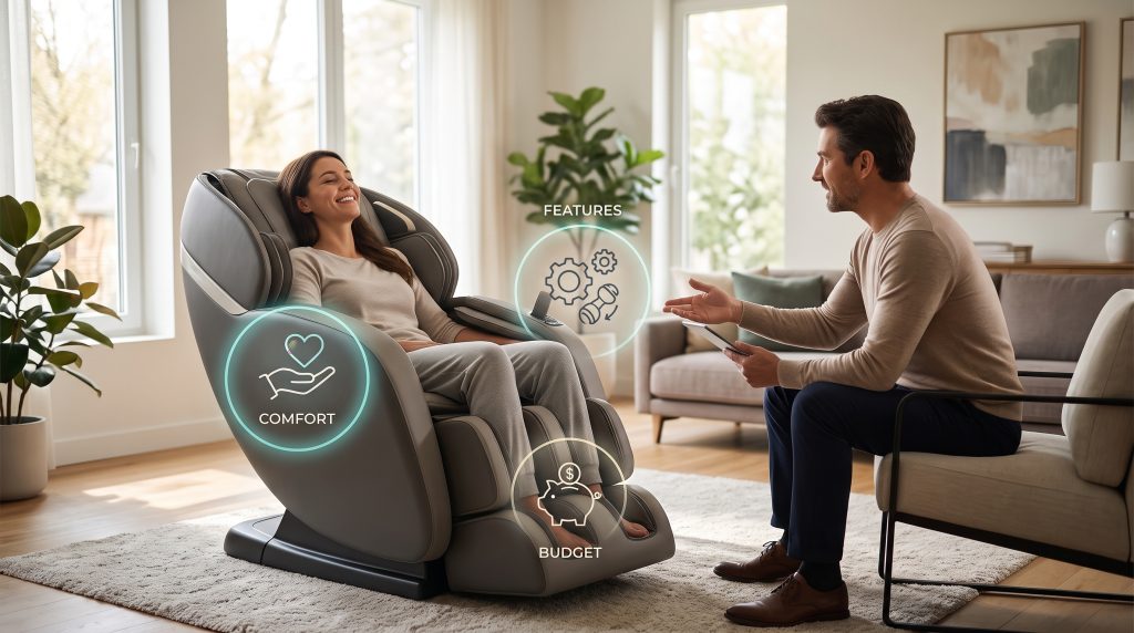 Couple relaxing in a premium massage chair at home