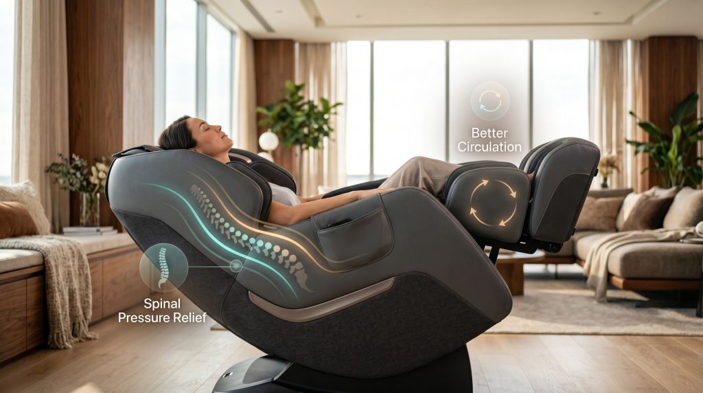 Massage chair reclined into zero-gravity position